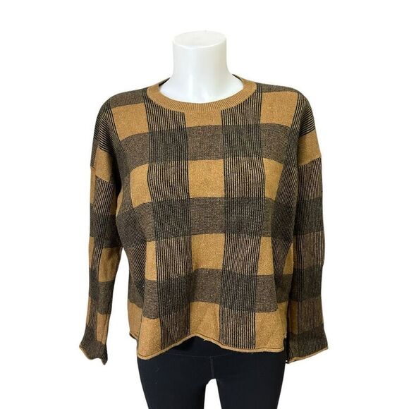 MADEWELL Merino Wool AlpacaBlend Sweater Inkcheck Plaid Golden Brown Cozy Medium - Picture 1 of 8